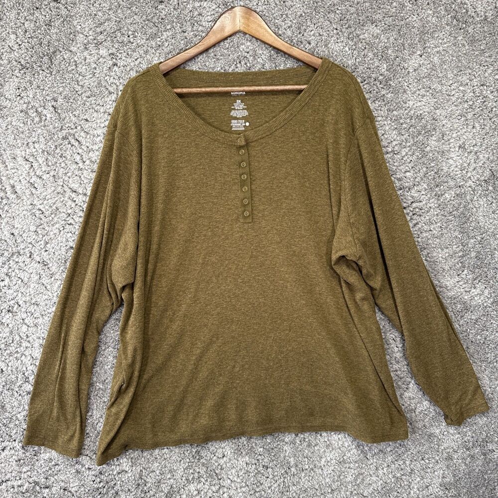 Sonoma Women’s 3X Henley Top Long Sleeve Green Classic Casual Ribbed Top